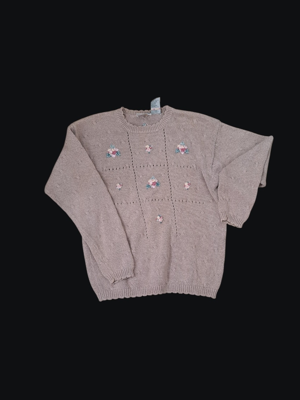 Taupe Knit Sweater with Floral Embroidery